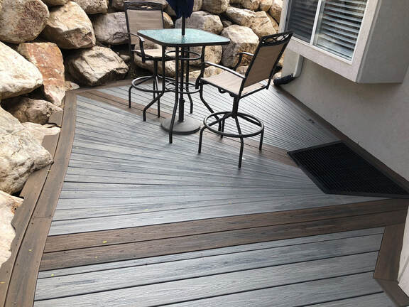 North Ogden Custom Deck Curved & Etched Deck for tight space Trex Transcend Island Mist w/Spiced Rum Boarder